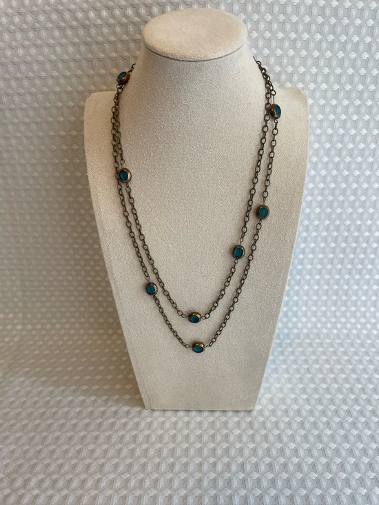 Unbranded Jewelry - Long Antiqued Bronze Strand Station Necklace with Teal Glass Cabochons #656